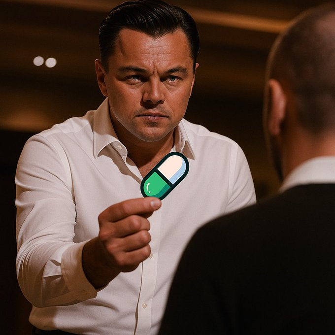 Broker holding out a green and white pill